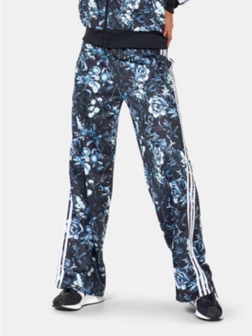 Adidas Firebird Floral Print Wide-Leg Track Pants in Dark Blue Small